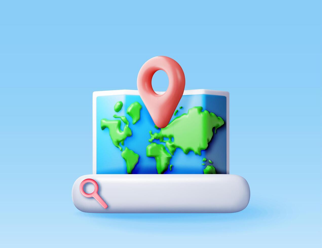 3D location folded paper map, search bar and pin isolated. Red GPS pointer marker icon. Render GPS and navigation symbol. Element for map, social media, mobile apps. vector