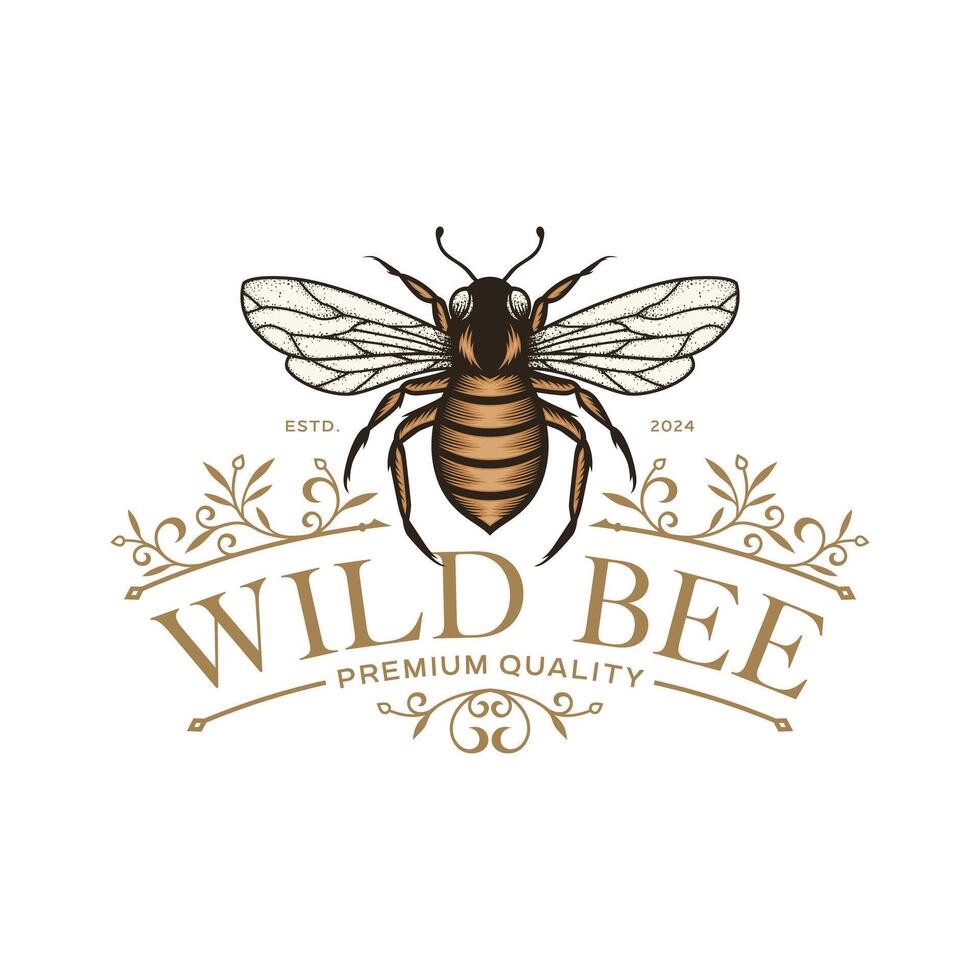 Hand Drawn Honey Bee with Flowers Logo Illustration vector