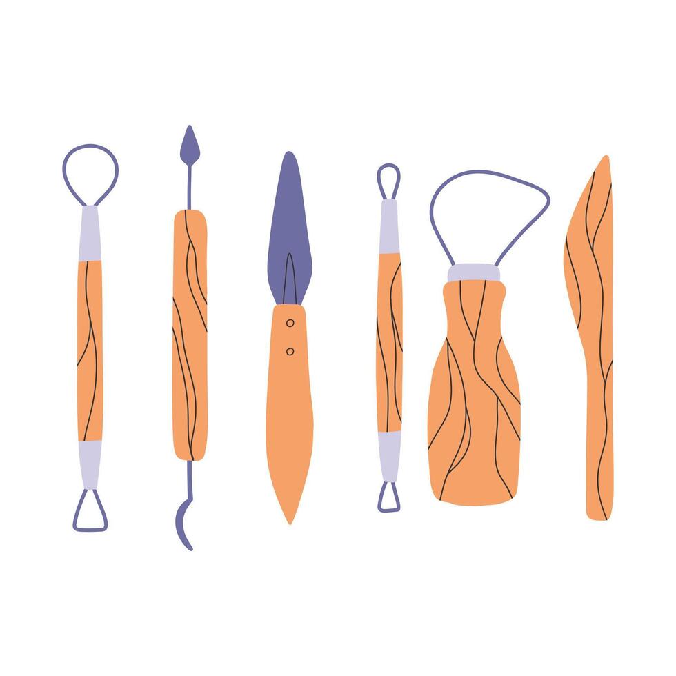 Set of pottery tools in flat style. Collection of tools for clay in hand drawn style. illustration. vector