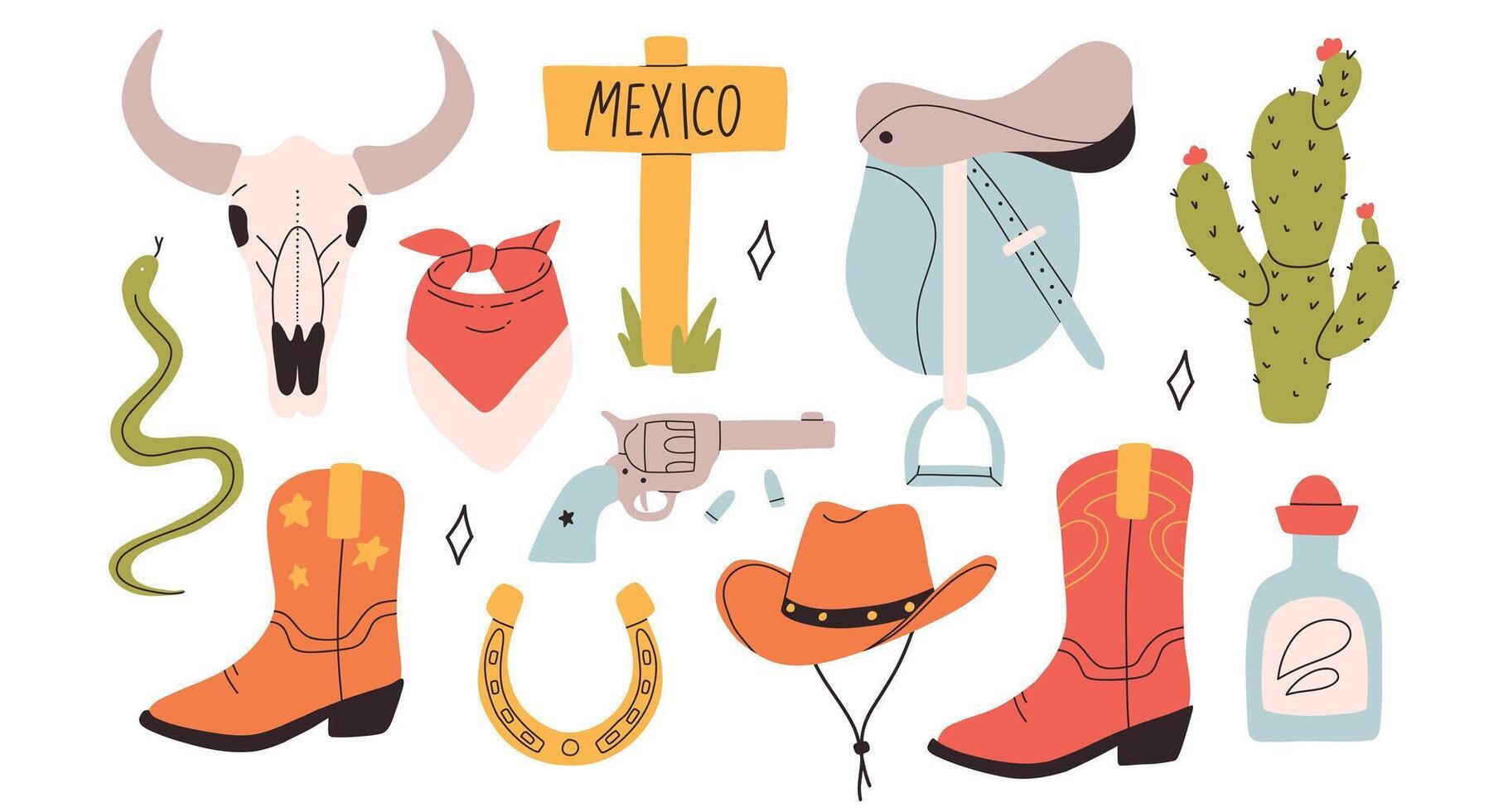 Set of wild west elements. clip arts of wild west cowboy. Collection of isolated texas and arizona elements. vector