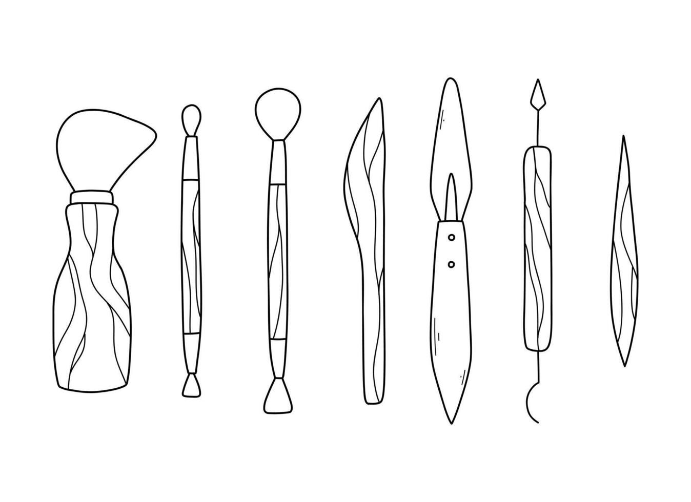 Set of pottery tools in doodle style. Collection of tools for clay in line style. illustration. vector