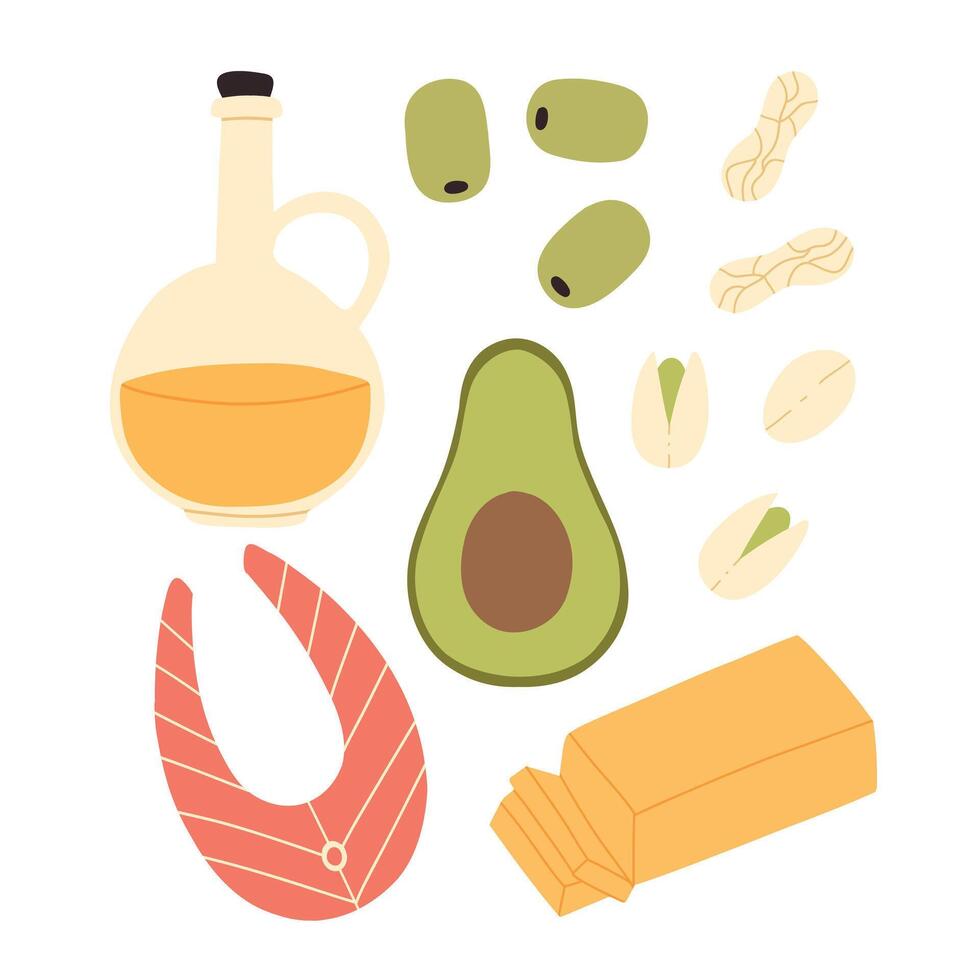 High fat foods. Macronutrients. Set of foods rich in fat. illustration. vector