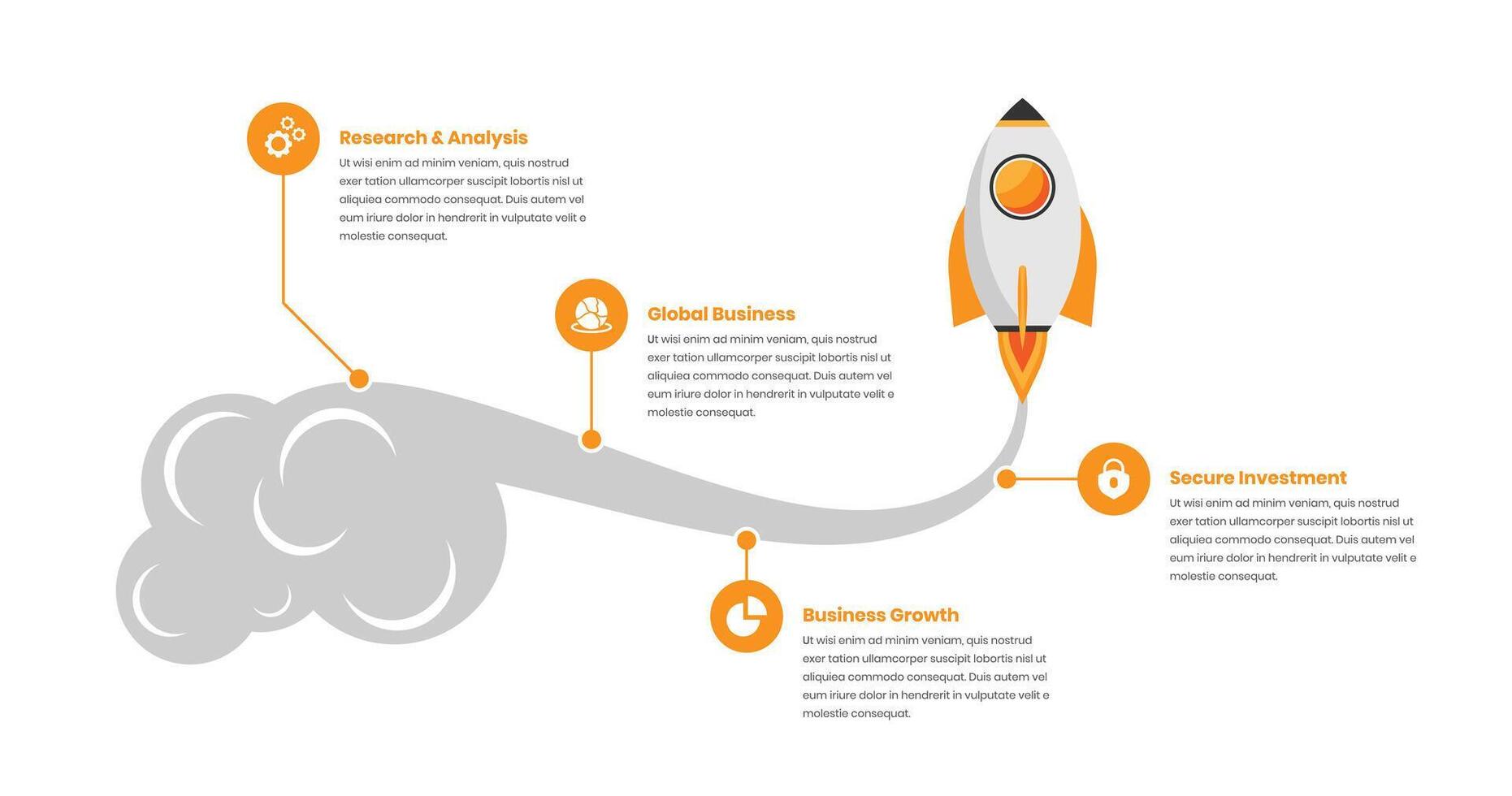 Business roadmap minimalistic infographic template with flat rocket illustration vector