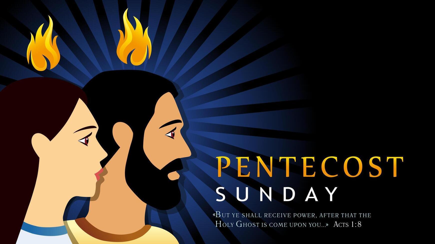 Pentecost Sunday card with man, woman and flames. Christian poster vector