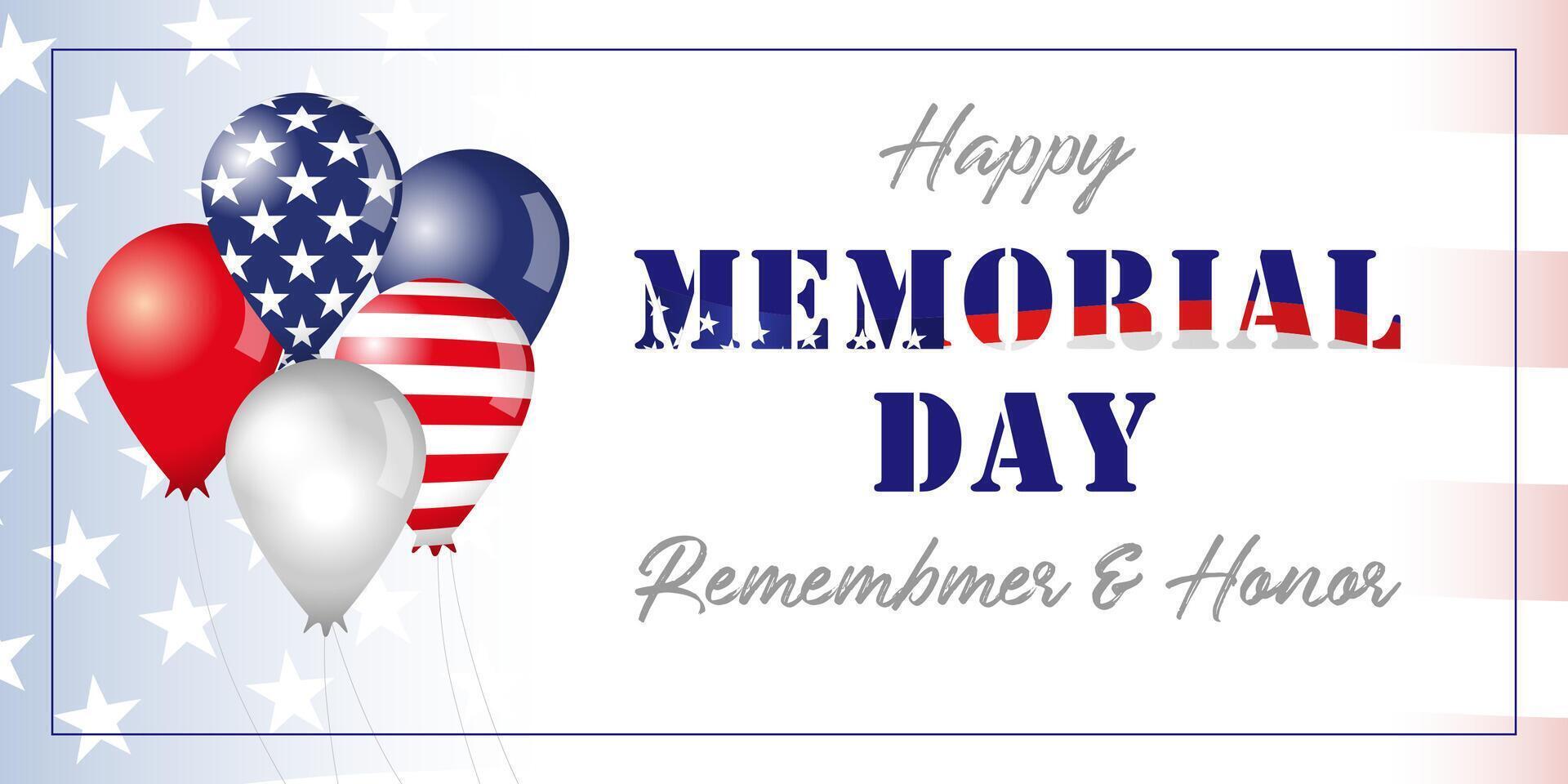Happy Memorial Day USA horizontal banner with 3D balloons vector
