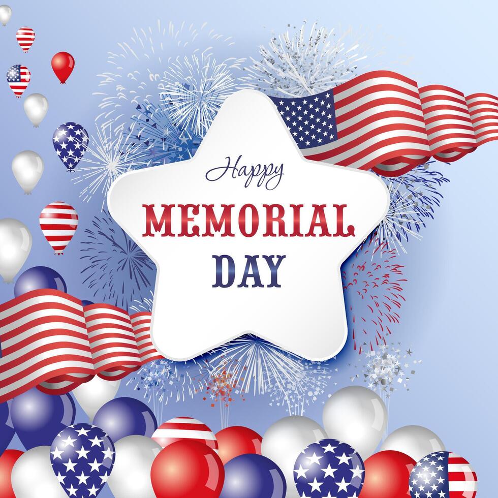 Happy Memorial Day cute greeting card with 3D elements and objects. vector