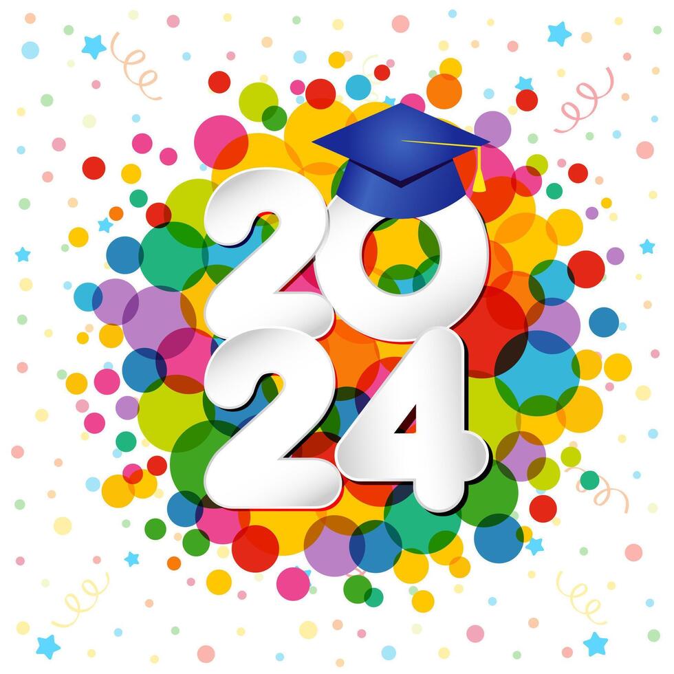 Cute graduating banner with colorful abstract background. Holiday festive backdrop, coloured confetti, paper style number 2 0 2 4 and 3D blue motarboard icon. Sticker or label design. Badge template. vector