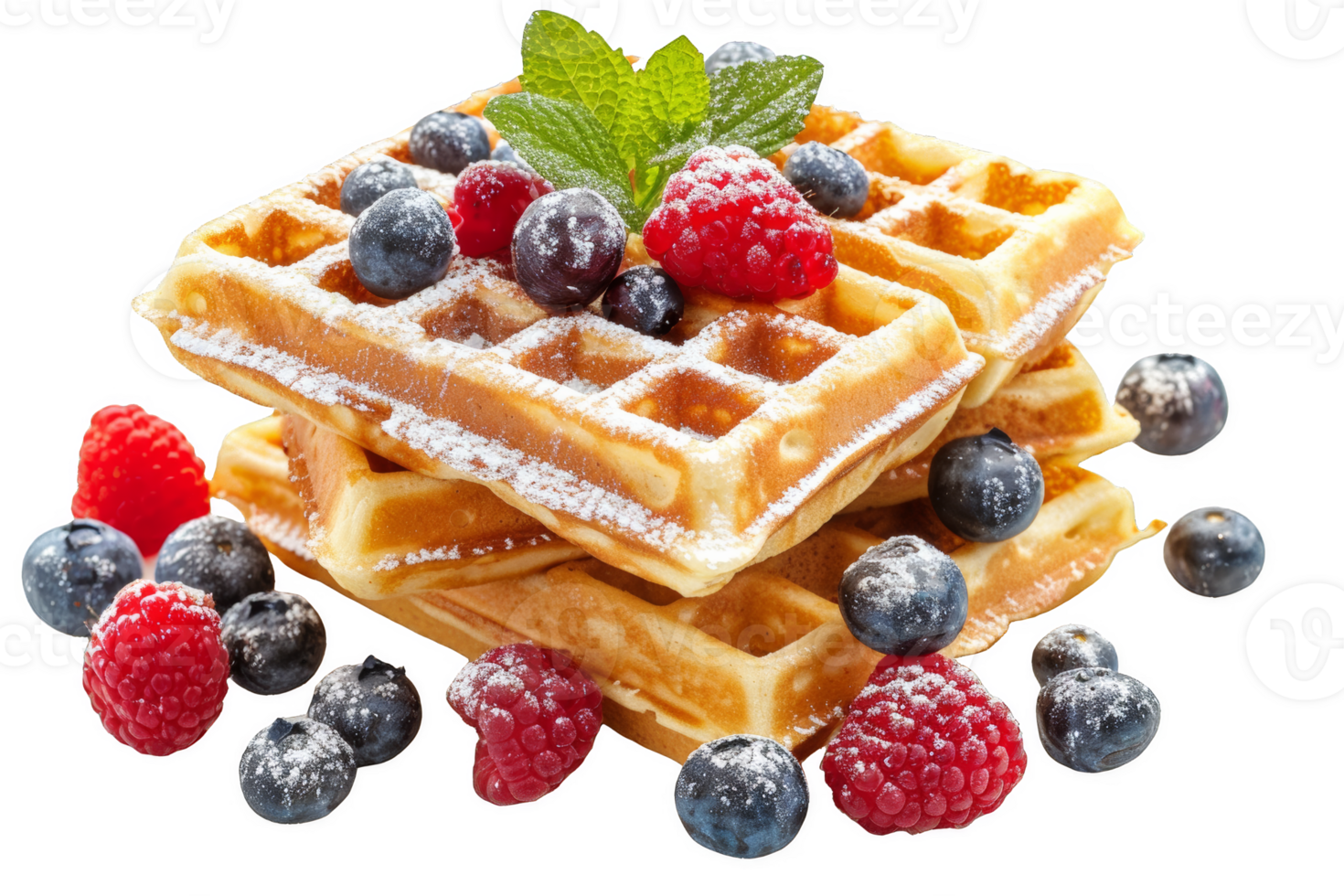 pilha do waffles com bagas e em pó açúcar png