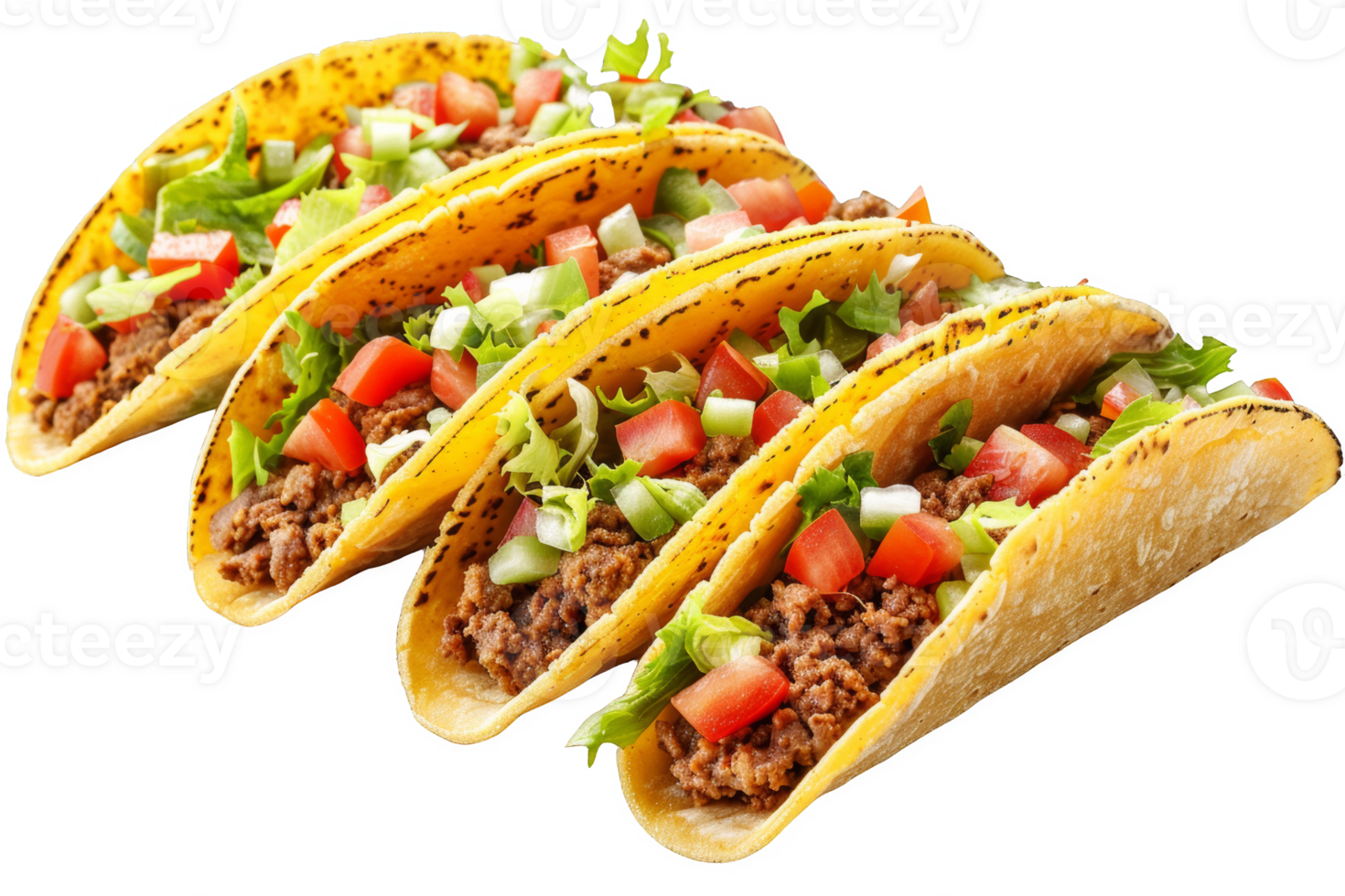 Three Tacos With Meat, Lettuce, and Tomatoes png