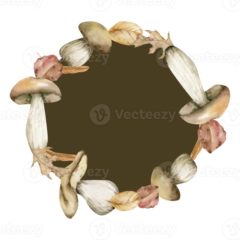 Autumn mushroom frame on brown background. White mushrooms, boletus, edible fungus round border for packing, label, product packing design. Cozy fall clip art png