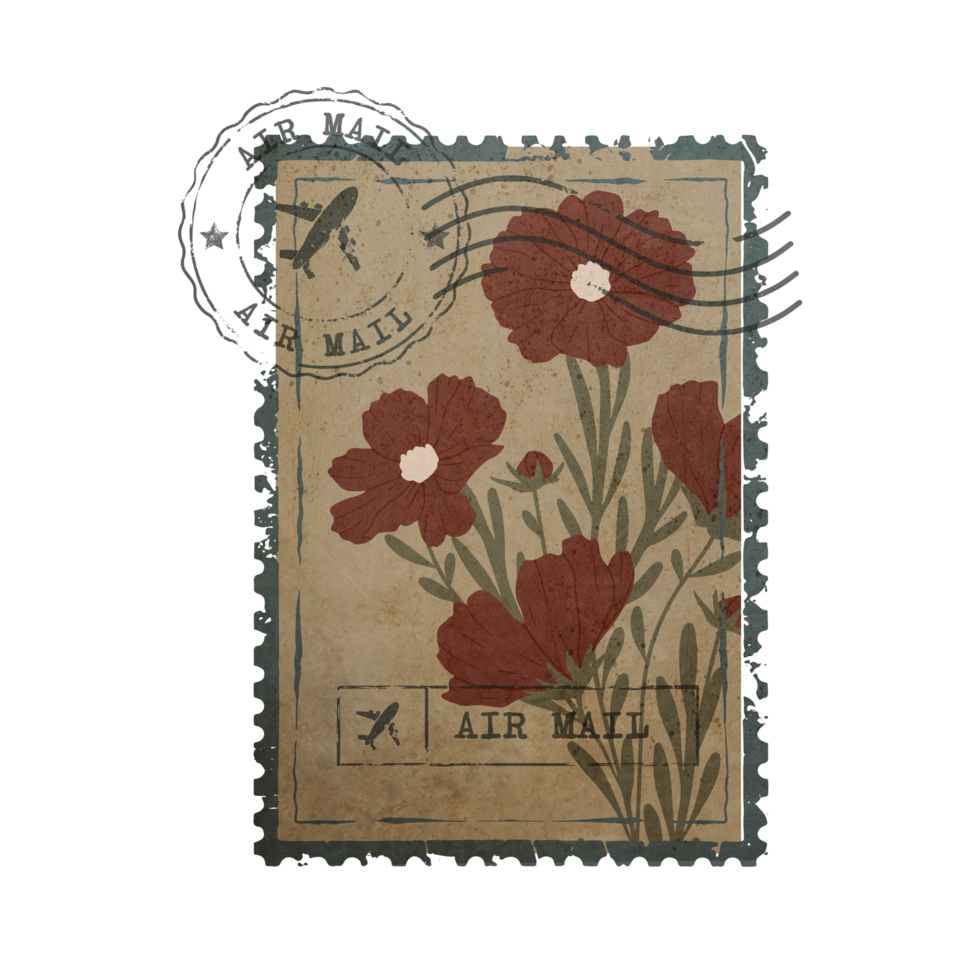 Vintage Botanical Postage Stamp. Old Mail Postmark with Flower Isolated on Transparent Background png