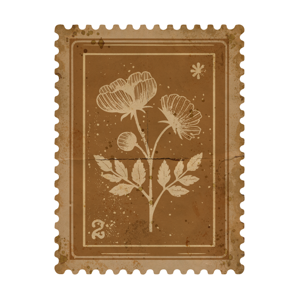 Retro Flower Branch Postage Stamp in Monochrome with Grunge Details. Old Faded Scrapbook Paper png
