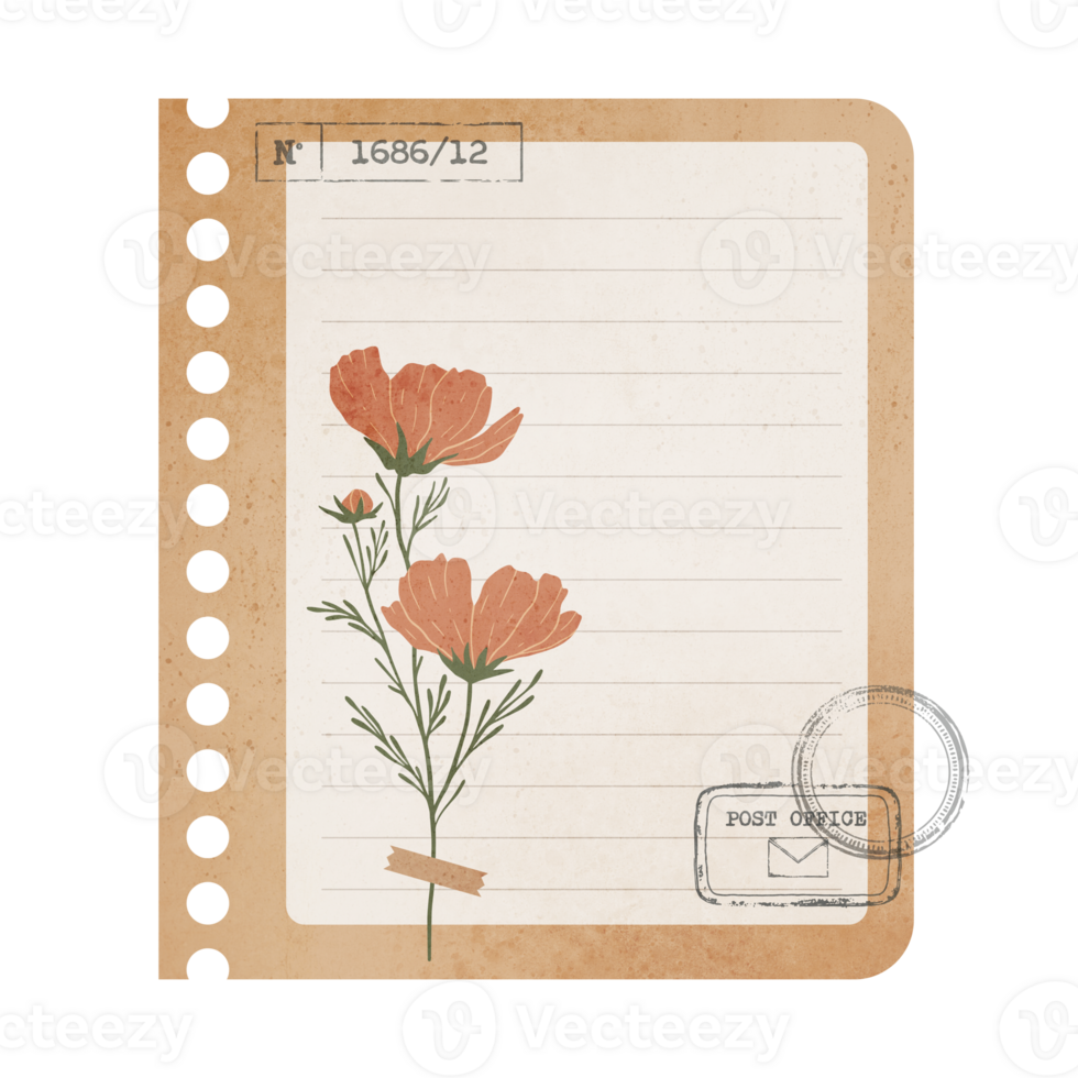Vintage Scrapbook Sticky Notes with Flowers. Scrapbook Memo Isolated on Transparent Background png