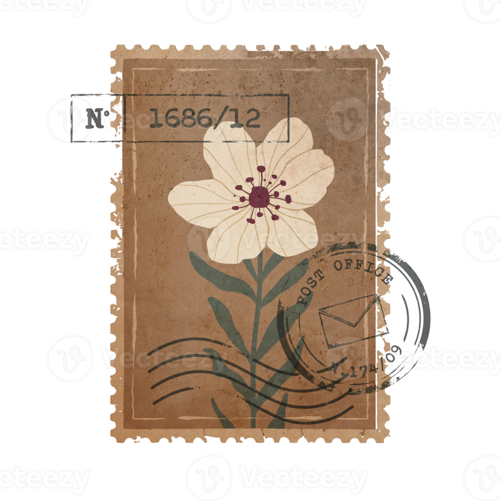 Vintage Botanical Postage Stamp. Old Mail Postmark with Flower Isolated on Transparent Background png