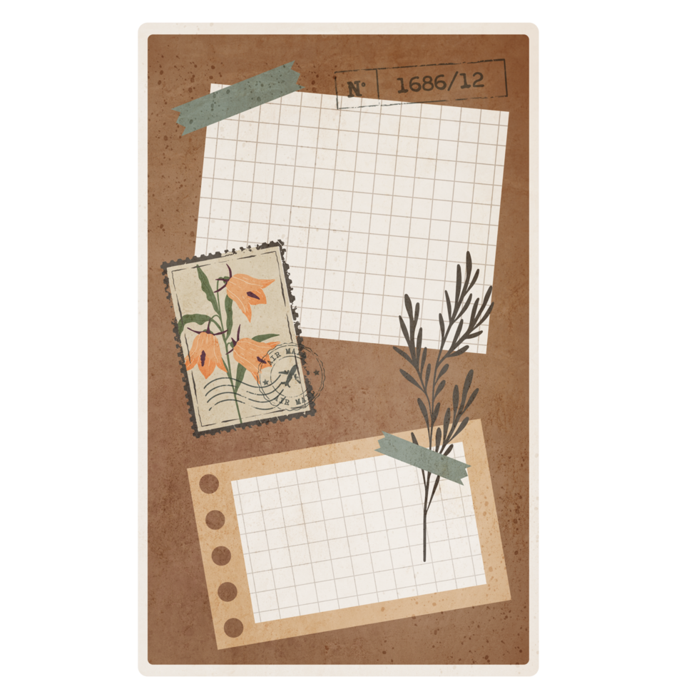 Vintage Scrapbook Sticky Notes with Flowers. Scrapbook Memo Isolated on Transparent Background png