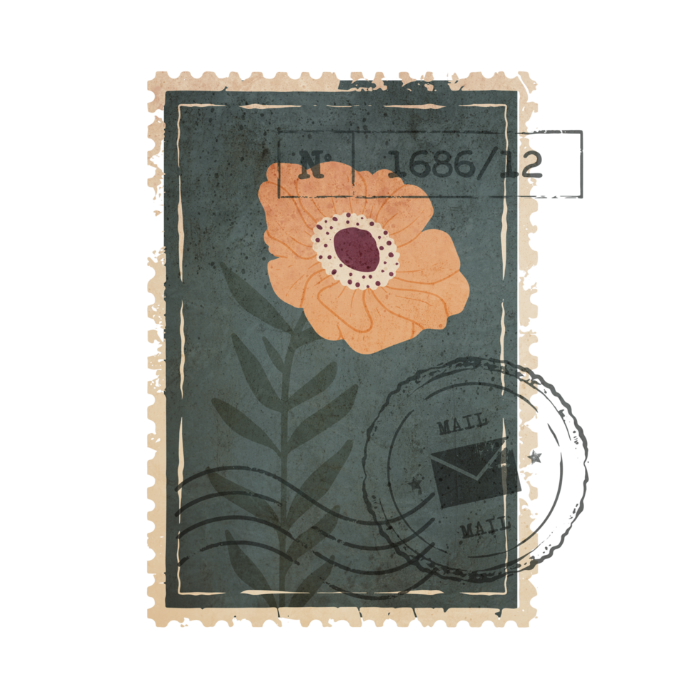 Vintage Botanical Postage Stamp. Old Mail Postmark with Flower Isolated on Transparent Background png