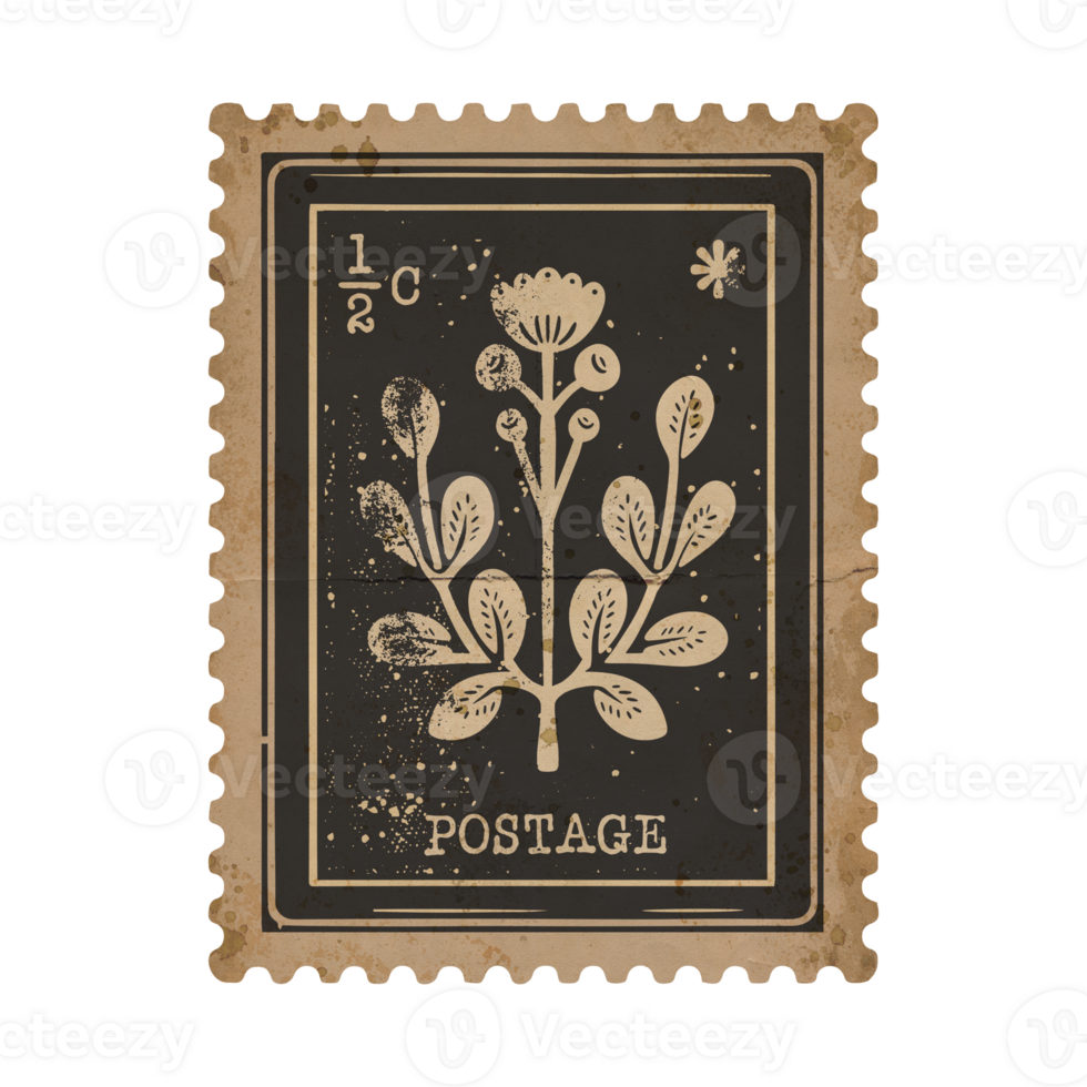 Retro Leaf Branch Postage Stamp in Monochrome with Grunge Details. Old Faded Scrapbook Paper png