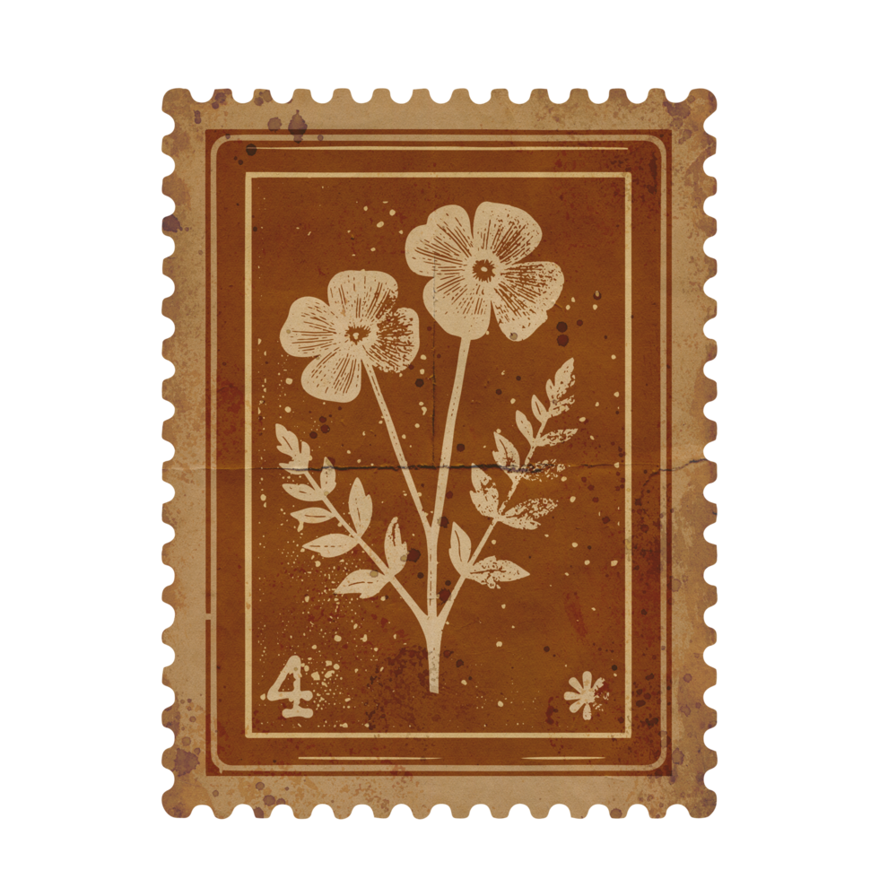 retro Blume Ast Porto Briefmarke im einfarbig mit Grunge Einzelheiten. alt verblasst Sammelalbum Papier png