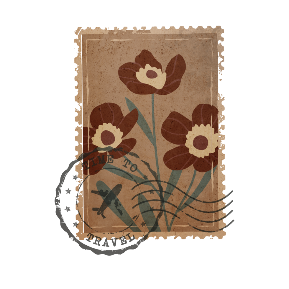 Vintage Botanical Postage Stamp. Old Mail Postmark with Flower Isolated on Transparent Background png