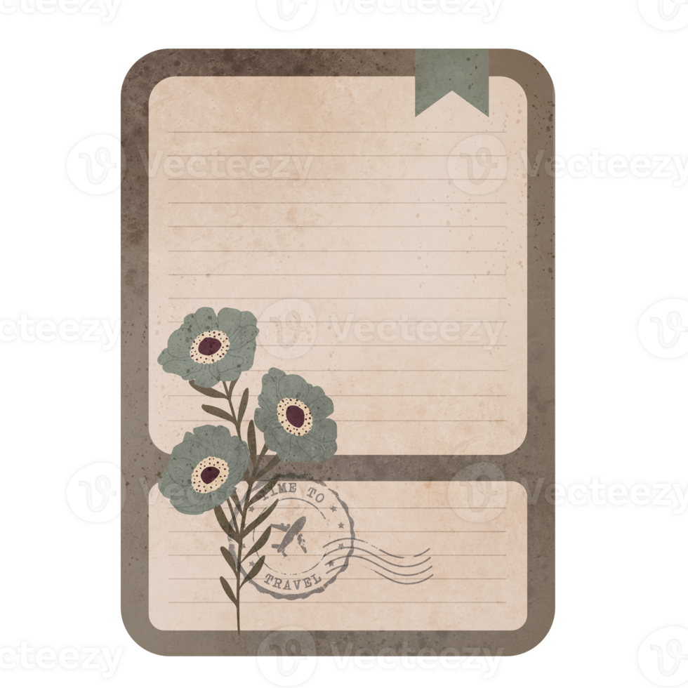 Vintage Scrapbook Sticky Notes with Flowers. Scrapbook Memo Isolated on Transparent Background png