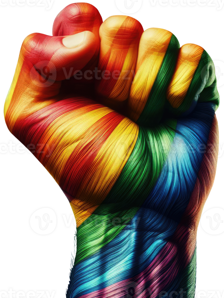 Strong hand showing pride day equality with pride rainbow flag colour theme png