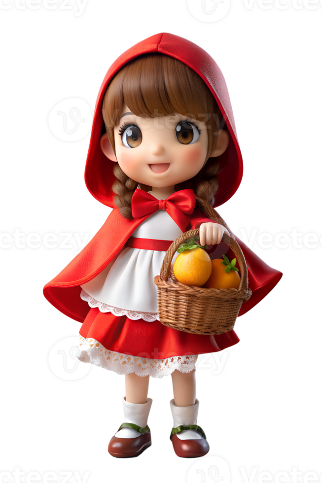 , 3d render kawaii style A girl in a Little Red Riding Hood costume, holding a cc basket in one hand. isolated transparent background png