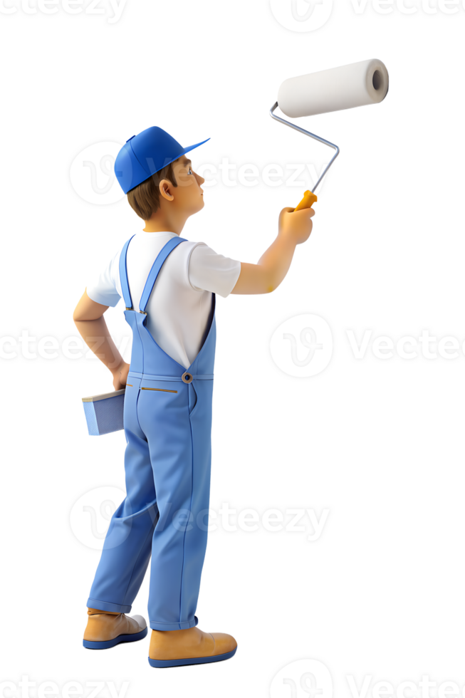A man in overalls stands on a ladder and paints a wall with a roller isolated on transparent background. png