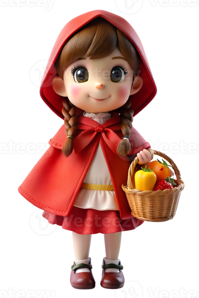 , 3d render kawaii style A girl in a Little Red Riding Hood costume, holding ac in one hand. isolated transparent background png