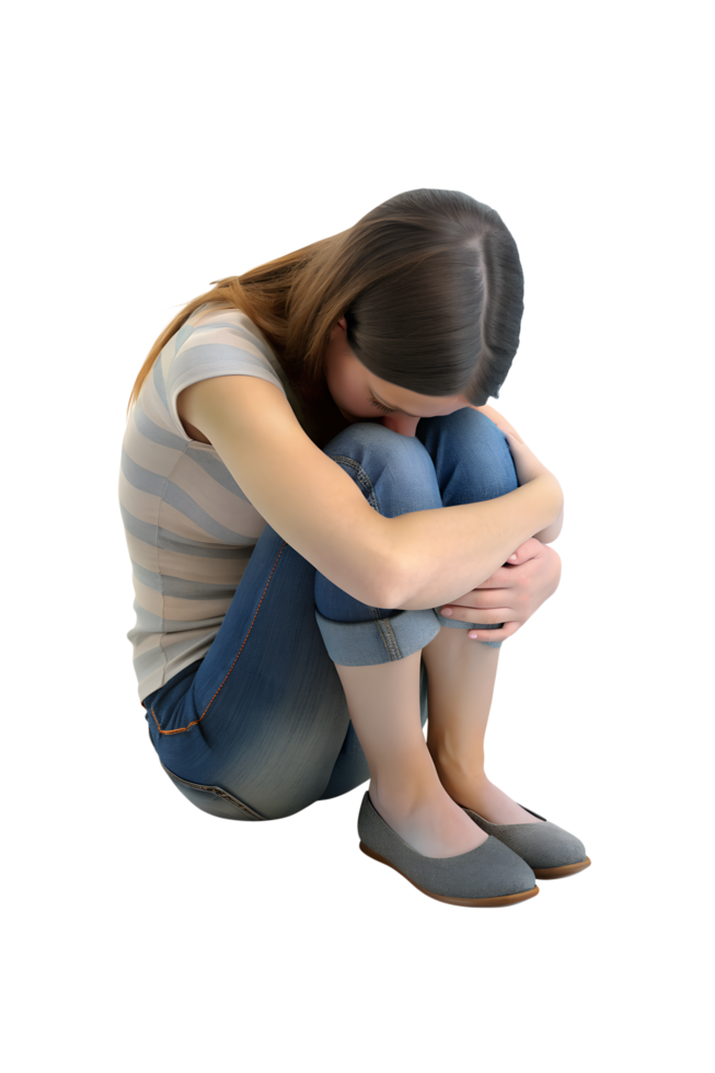 , 3d style illustration of A young woman hugs her knees and cries. isolated on transparent background png