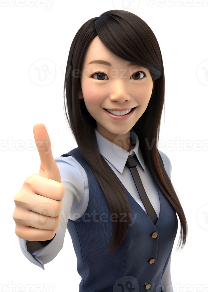 , Business woman in 3d render style gives thumbs up with smiling expression. png