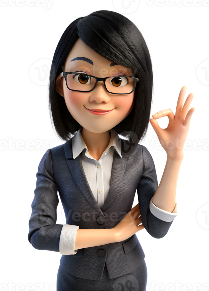 , 3d style of asia woman in office worker uniform, with glasses She is OK hand, isolated on transparent background png