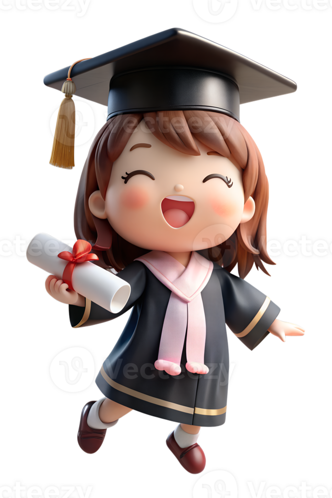 , A young women in a Graduation gown suit and hat, 3d render anime style. png