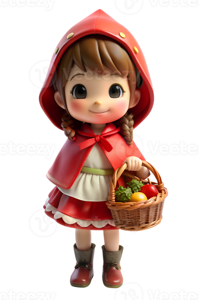 , 3d render kawaii style A girl in a Little Red Riding Hood costume, holding ac in one hand. isolated transparent background png
