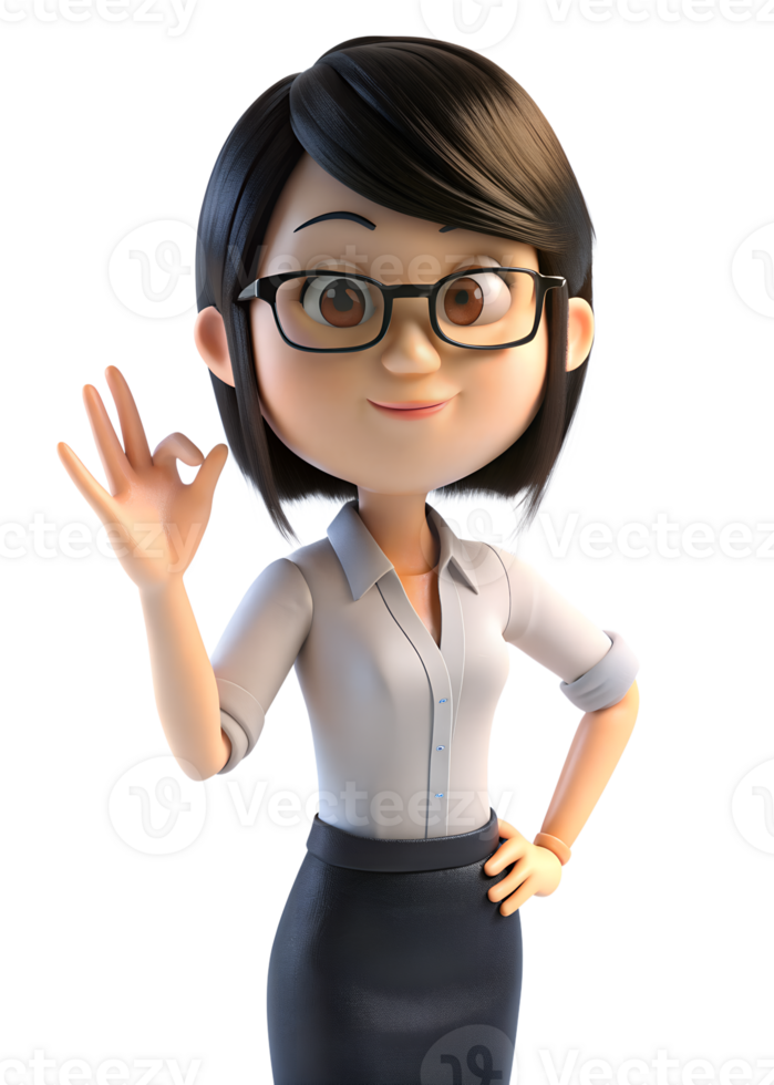 , 3d style of asia woman in office worker uniform, with glasses She is OK hand, isolated on transparent background png