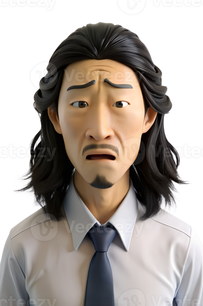 , 3d style of asia young man in office worker uniform, long hair, He is stressed, isolated on transparent background png