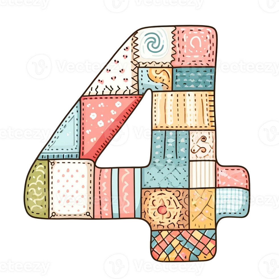 The number 4 is made up of many different pieces of fabric, creating a colorful png