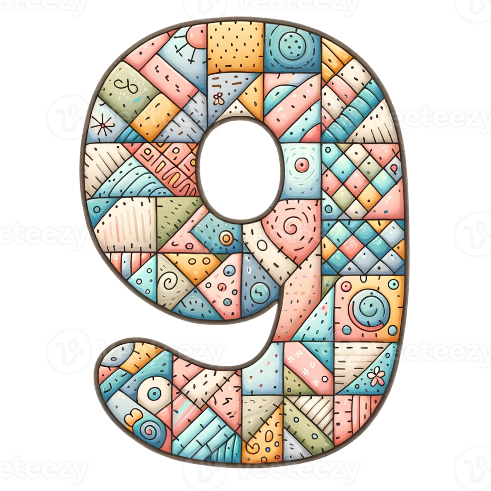 The number nine is made up of many different colored squares png