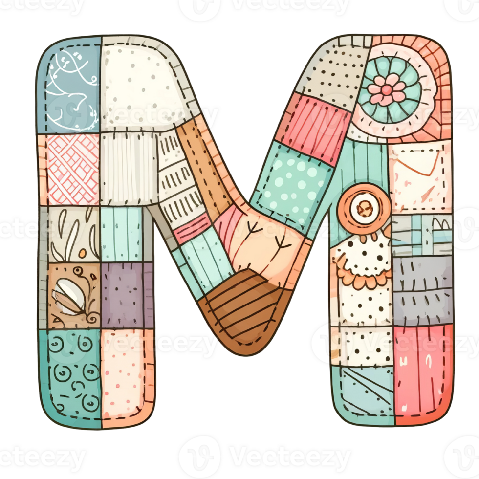 The letter M is made up of many different pieces of fabric png