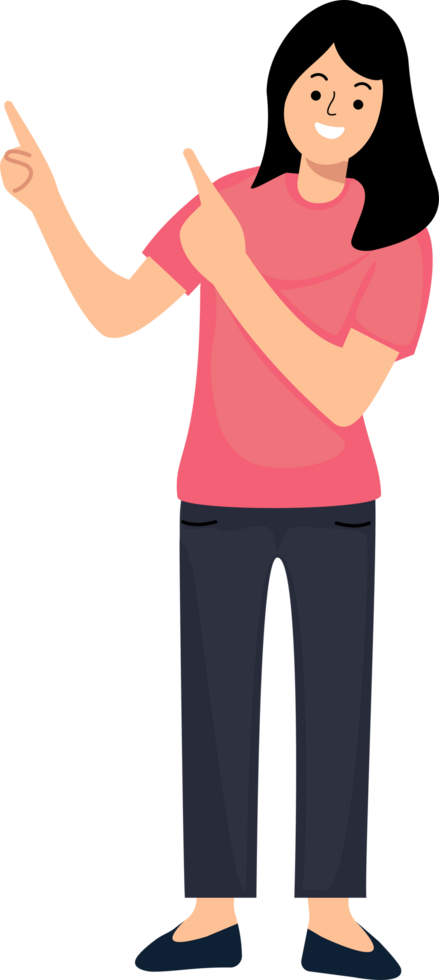 portrait woman standing with both fingers showing to blank space for promotion and advertising png