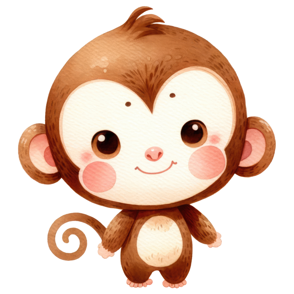 A heartwarming watercolor illustration of an adorable cartoon monkey with big sparkling eyes, sitting and smiling, on a dark background. png