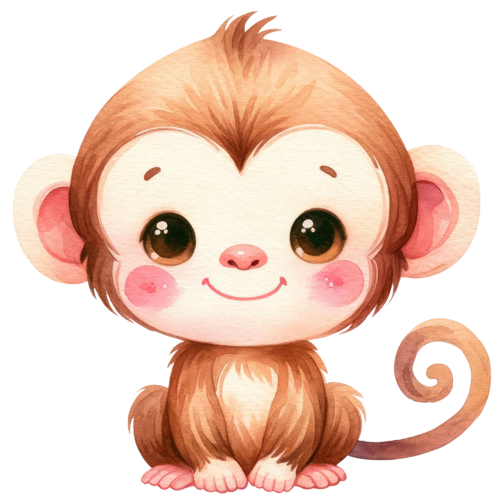 A heartwarming watercolor illustration of an adorable cartoon monkey with big sparkling eyes, sitting and smiling, on a dark background. png