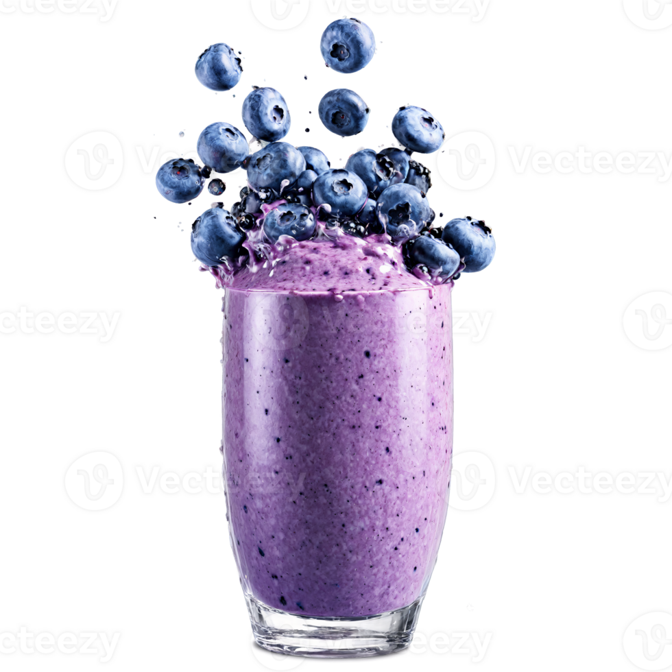 Blueberry smoothie splash vibrant purple and frothy bursting out of a blender with blueberries png