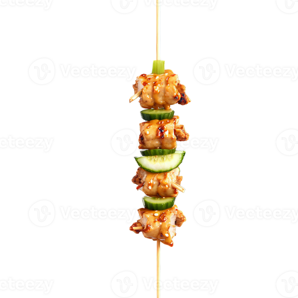 Chicken Satay with marinated chicken skewers peanut sauce and cucumber salad twirling with steam rising png