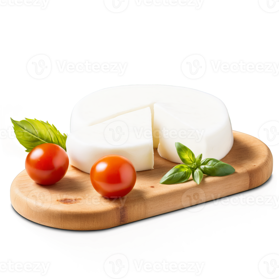 Buffalo milk mozzarella on a wooden board accompanied by fresh basil leaves and cherry tomatoes png