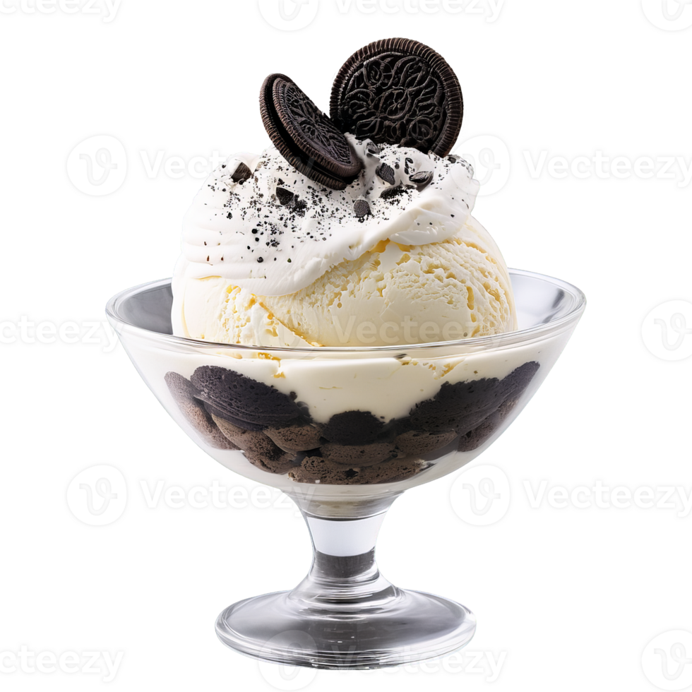 Cookies and cream ice cream in a glass parfait dish layered with crushed Oreo cookies png