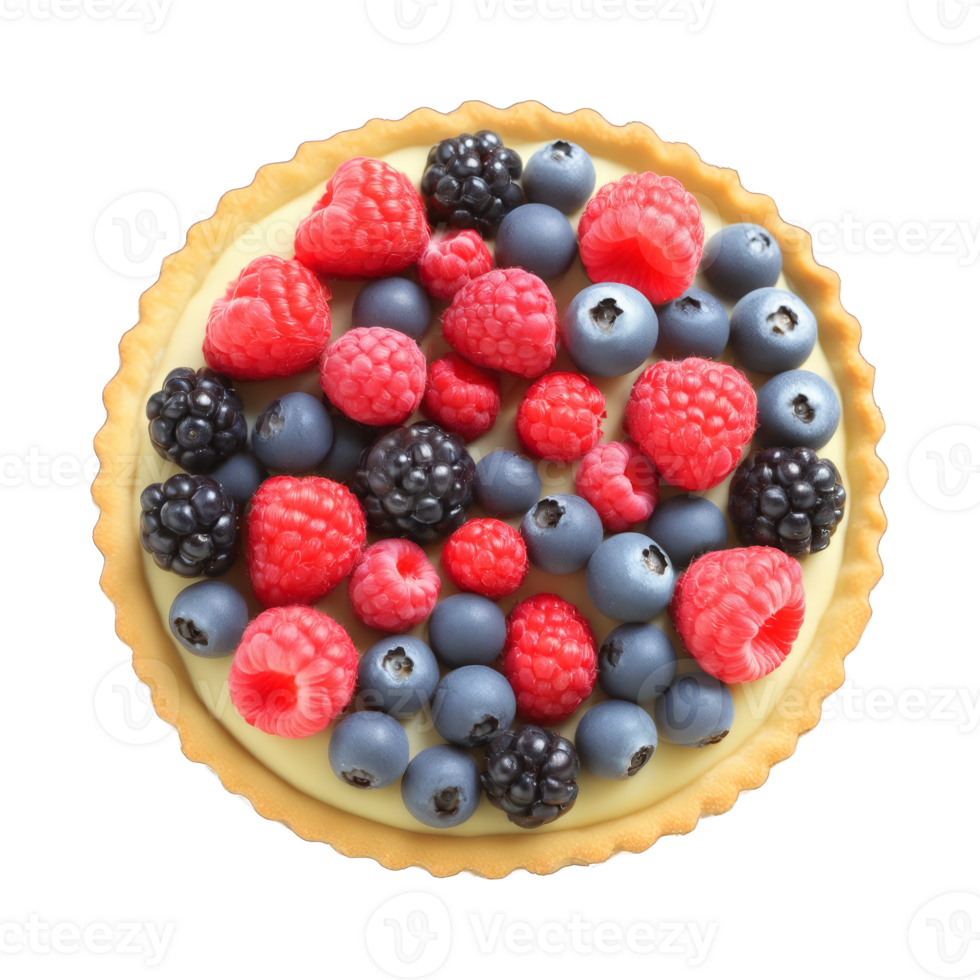 Mixed berry tart assorted fresh berries vanilla custard filling shortbread crust dusted with powdered sugar png