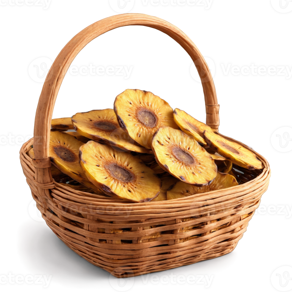 Dried plantain slices in a rustic wicker basket light brown with a starchy texture png