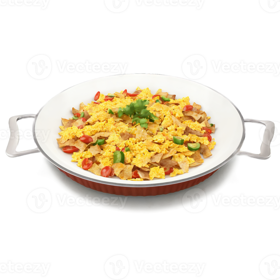 Migas Tex Mex scramble in glass pan tortilla strips scattered Food and Culinary concept png