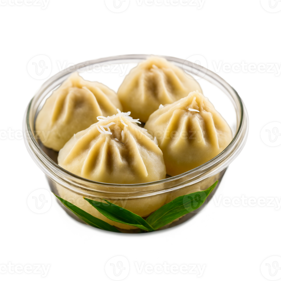 Peda modak coconut filled dumplings in a clear glass jar eye level png