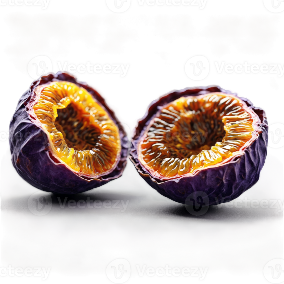 Dried passion fruit halves dark purple with a wrinkled surface spinning dynamically like miniature planets png